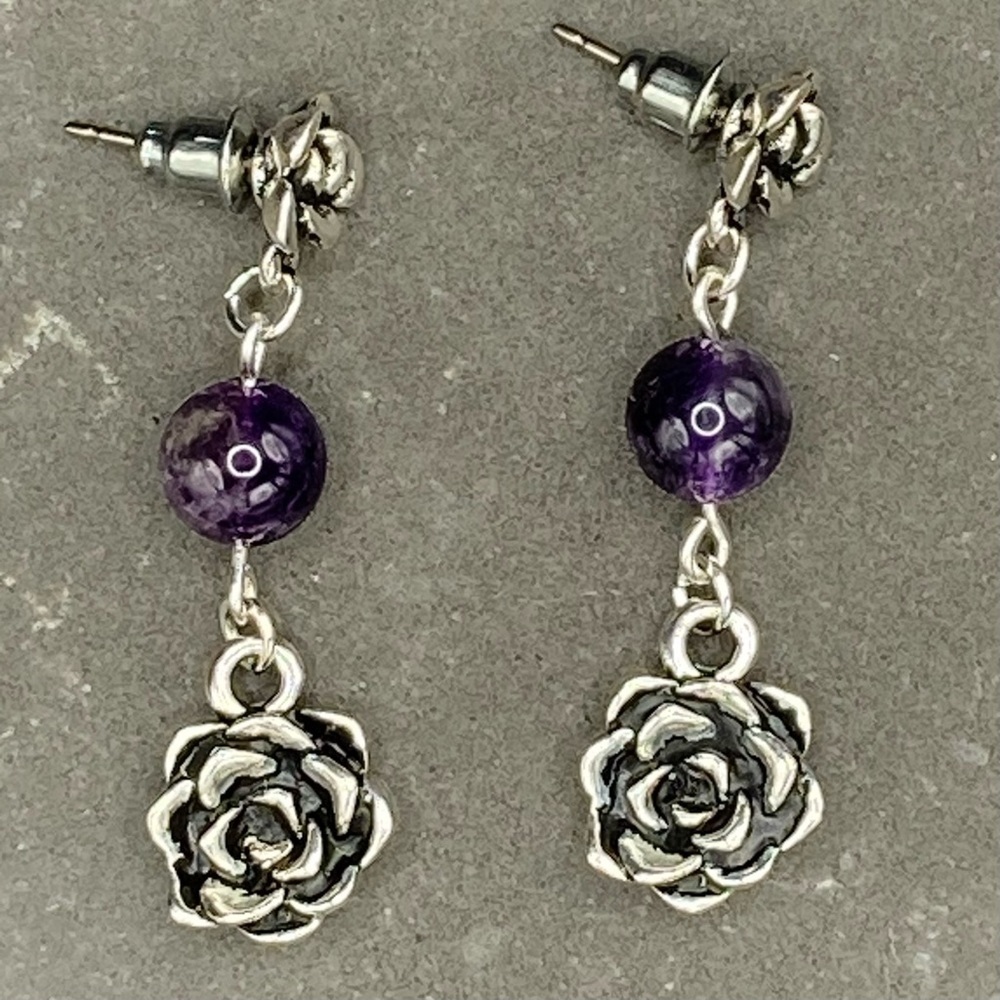HAND CRAFTED Succulent Flowers Dangle EARRINGS Amethyst 1.5” Hypoallergenic NWT - Picture 5 of 7